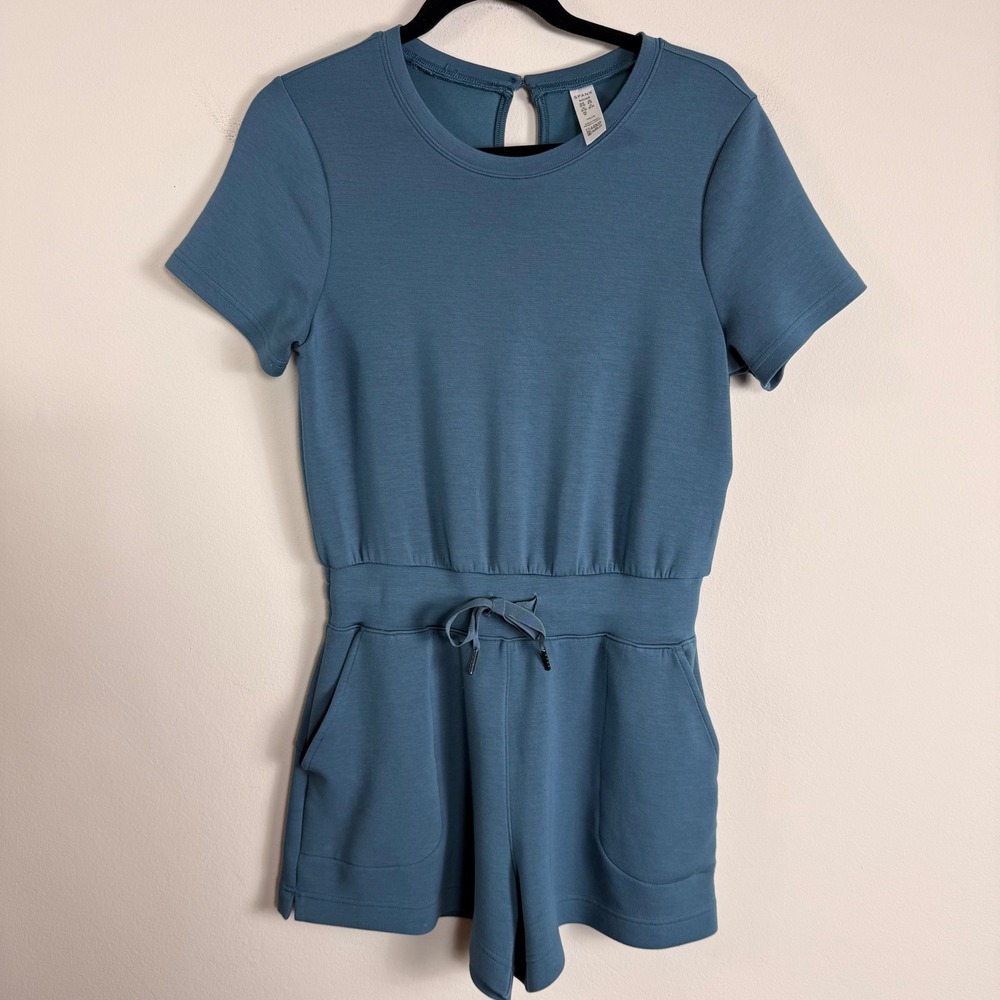 Spanx AirLuxe Short Sleeve Romper Teal Blue Drawstring Waist Keyhole Back Small